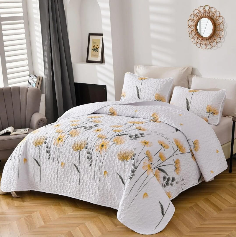 White Base Yellow Floral Coverlet Set-Quilted Bedspread Set (3Pcs)