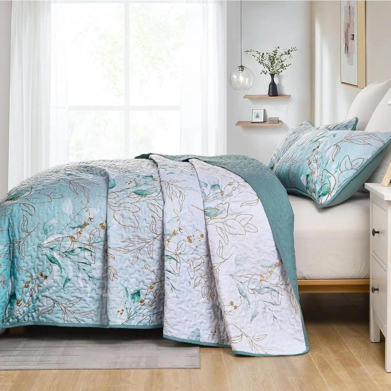 Blue Green Floral Coverlet Set-Quilted Bedspread Sets (3Pcs)