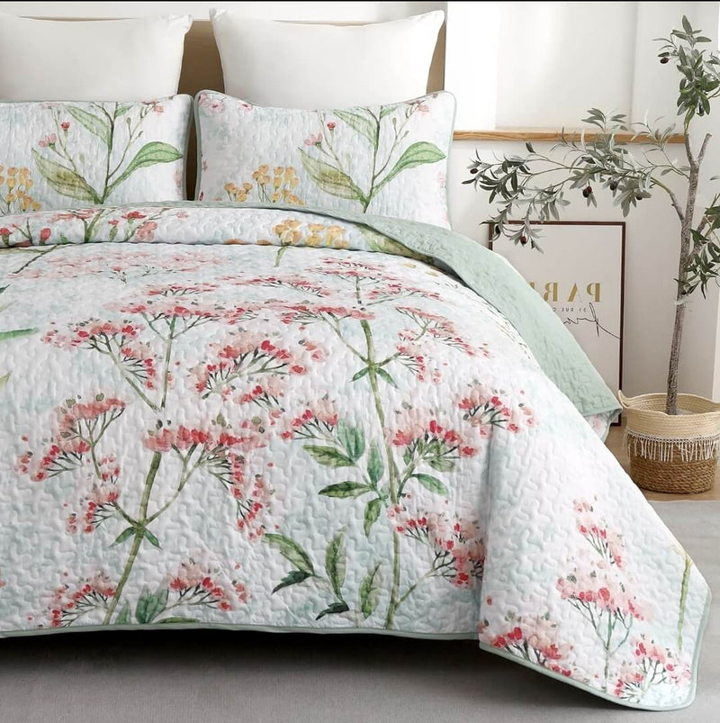 Botanical Green Light Coverlet Set-Quilted Bedspread Sets (3Pcs)