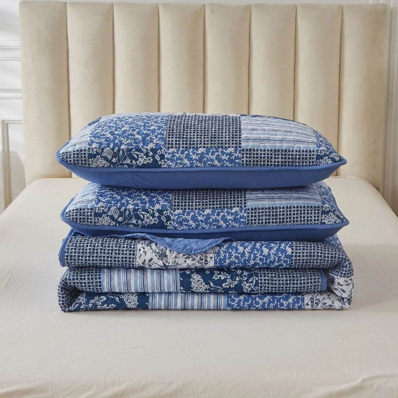 2025 Blue Checked Coverlet Set-Quilted Bedspread Sets (3Pcs)