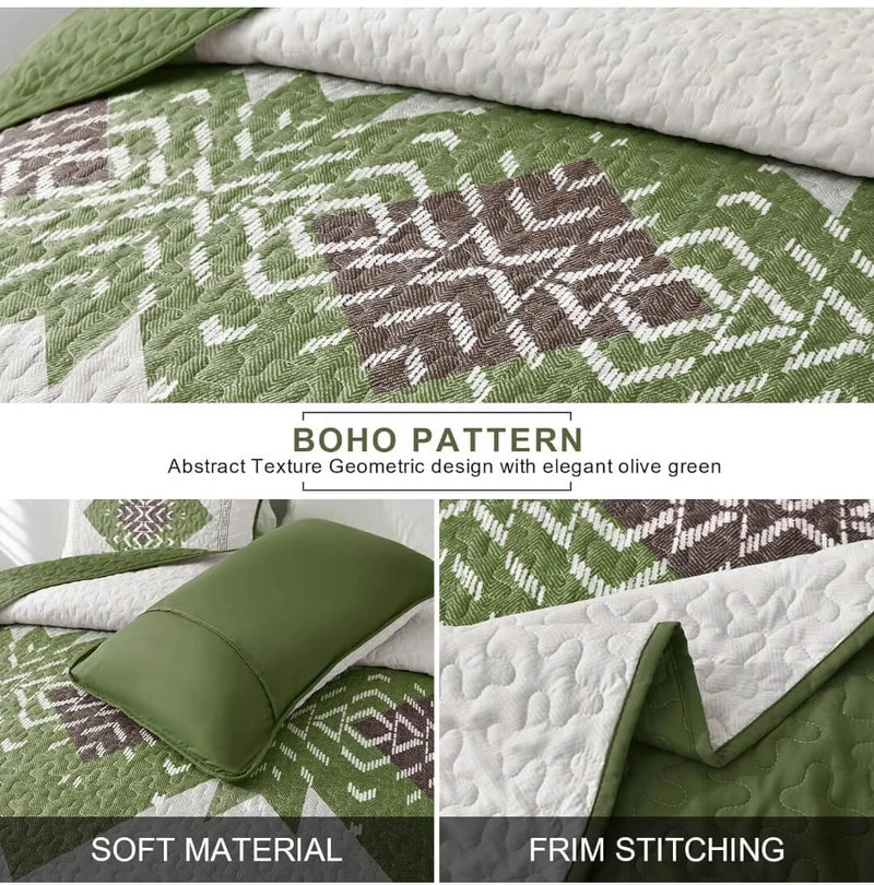 Green Bohemian Coverlet Set-Quilted Bedspread Sets (3Pcs)