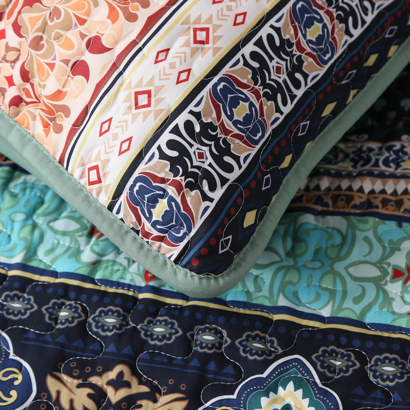 Floral patterned comforter set on a bed in a bedroom setting