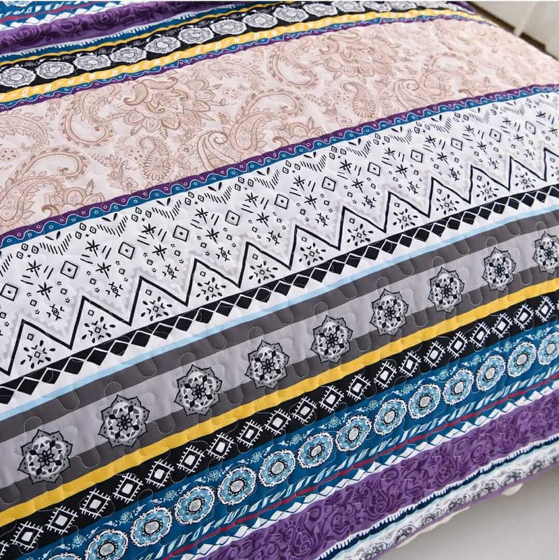 Purple Base Multicolor Striped Coverlet Set-Quilted Bedspread Sets (3Pcs)