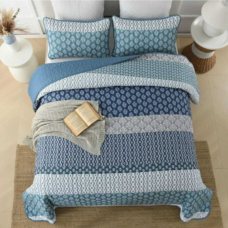 Sky Blue Striped Coverlet Set-Quilted Bedspread Sets (3Pcs)