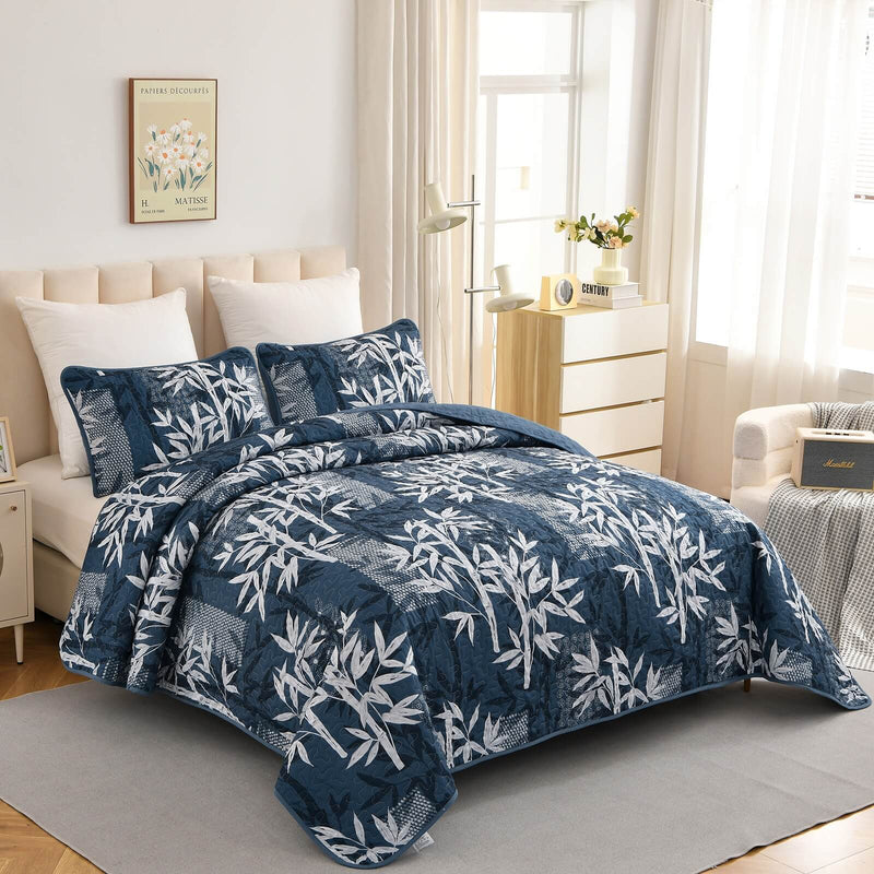 Dark Blue Botanical Quilted Bedspread Coverlet Set (3Pcs)