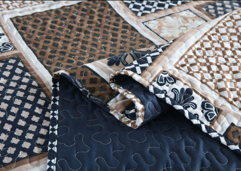 2025 Blue Base Geometric Coverlet Set-Quilted Bedspread Sets (3Pcs)