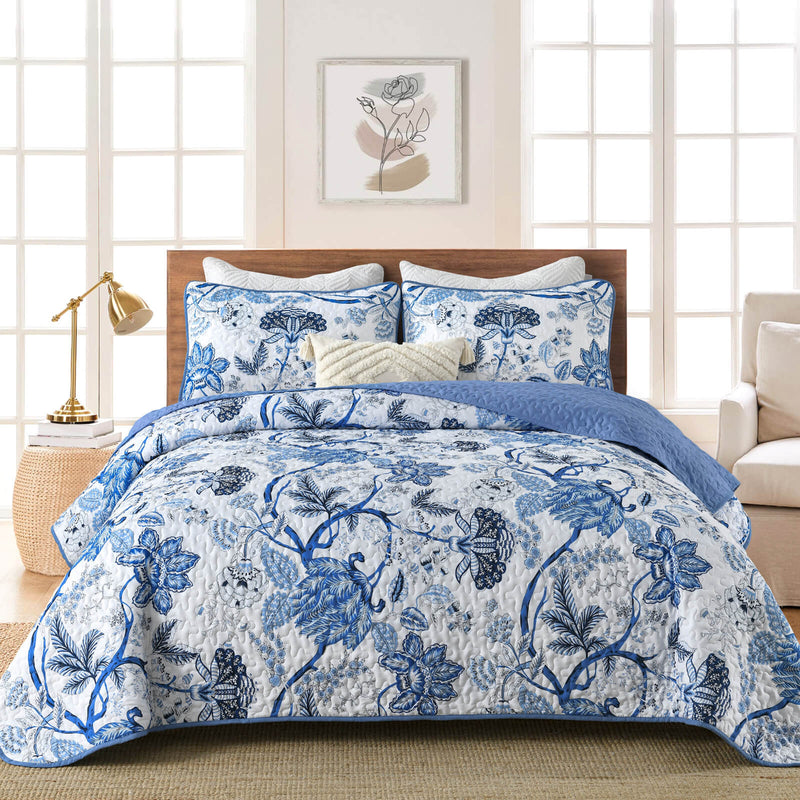 Checked Patchwork Blue Coverlet Set-Printed Quilted Bedspread Sets (3Pcs)