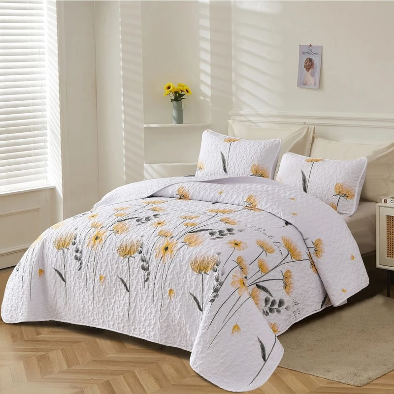 White Base Yellow Floral Coverlet Set-Quilted Bedspread Set (3Pcs)