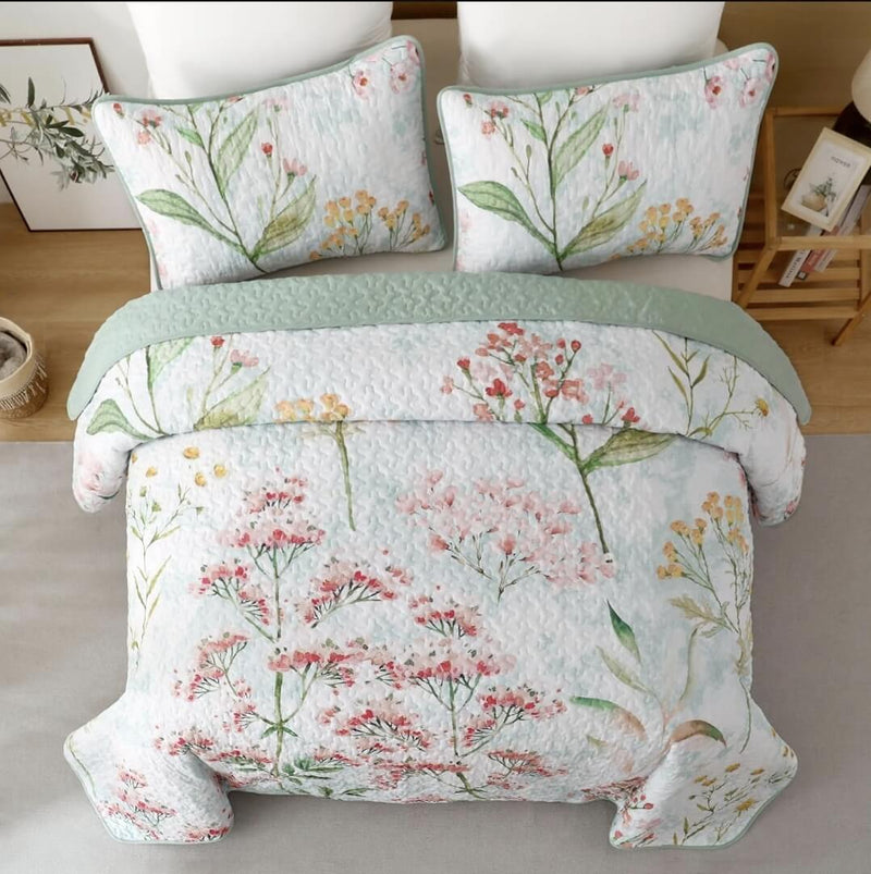 Botanical Green Light Coverlet Set-Quilted Bedspread Sets (3Pcs)