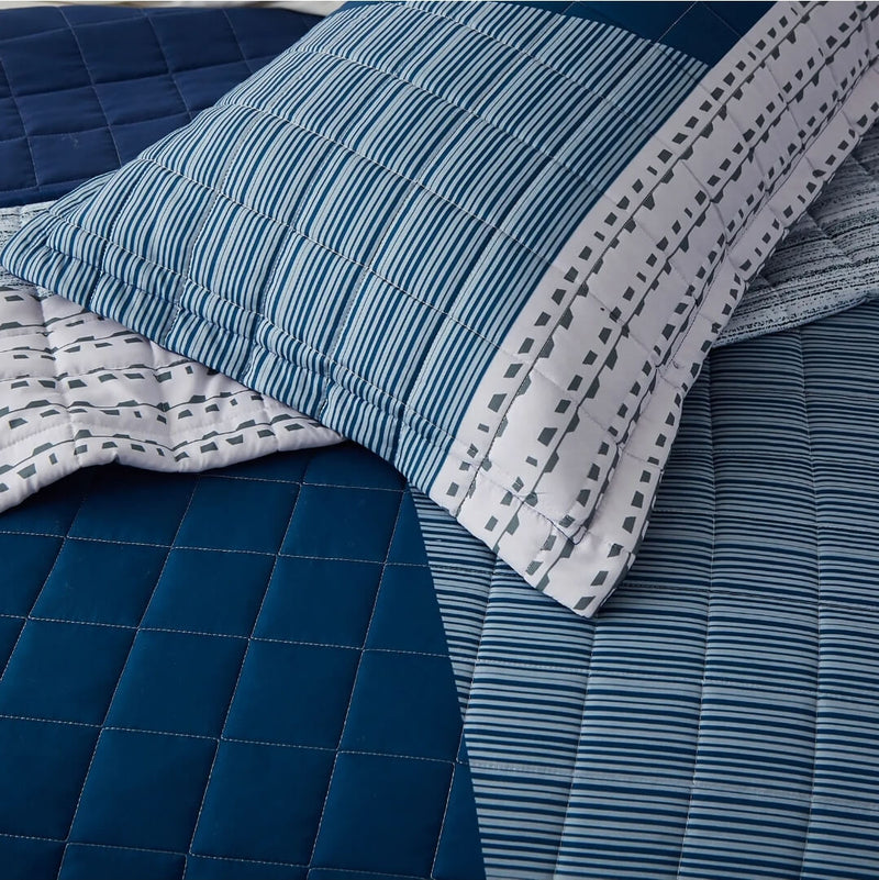 Dark Blue & Grey Quilted Bedspread Coverlet Sets (3Pcs)