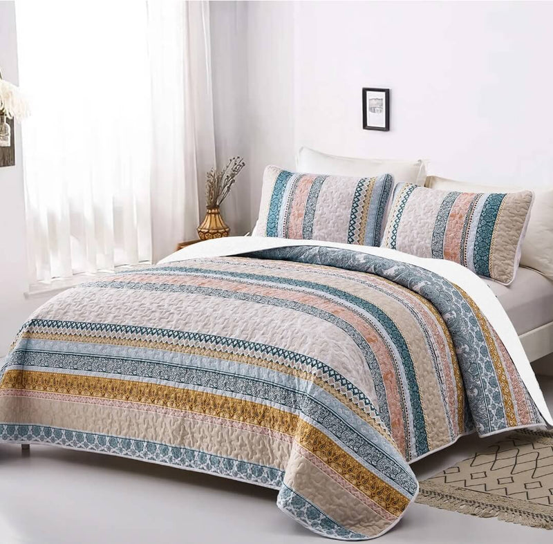 2025 Beige Base Striped Bedspread Coverlet Sets (3Pcs)
