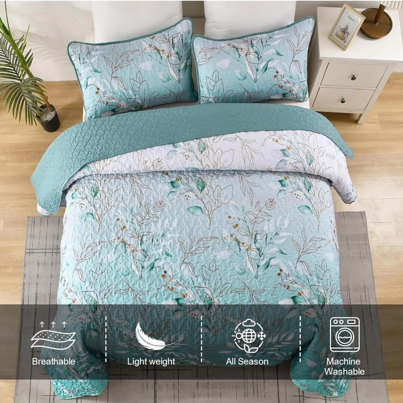 Blue Green Floral Coverlet Set-Quilted Bedspread Sets (3Pcs)