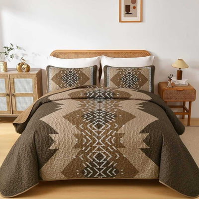 Patchwork quilt set on a bed in a bedroom with a wooden headboard.