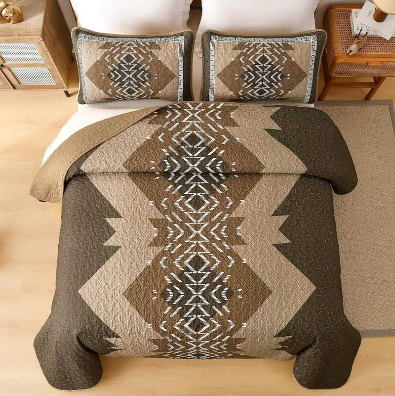 Patchwork quilt set on a bed in a bedroom with a wooden headboard.