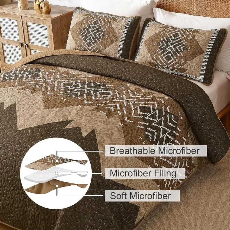 Patchwork quilt set on a bed in a bedroom with a wooden headboard.
