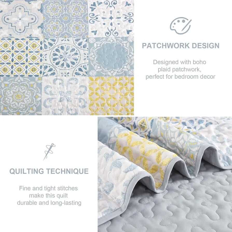 Patchwork quilt set on a bed in a bedroom with a wooden headboard.