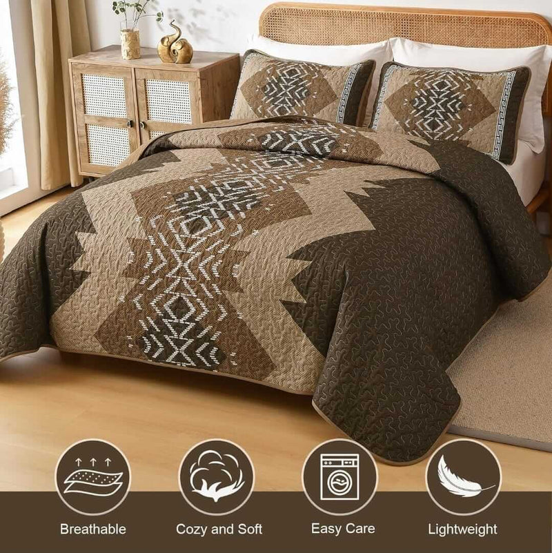 Patchwork quilt set on a bed in a bedroom with a wooden headboard.