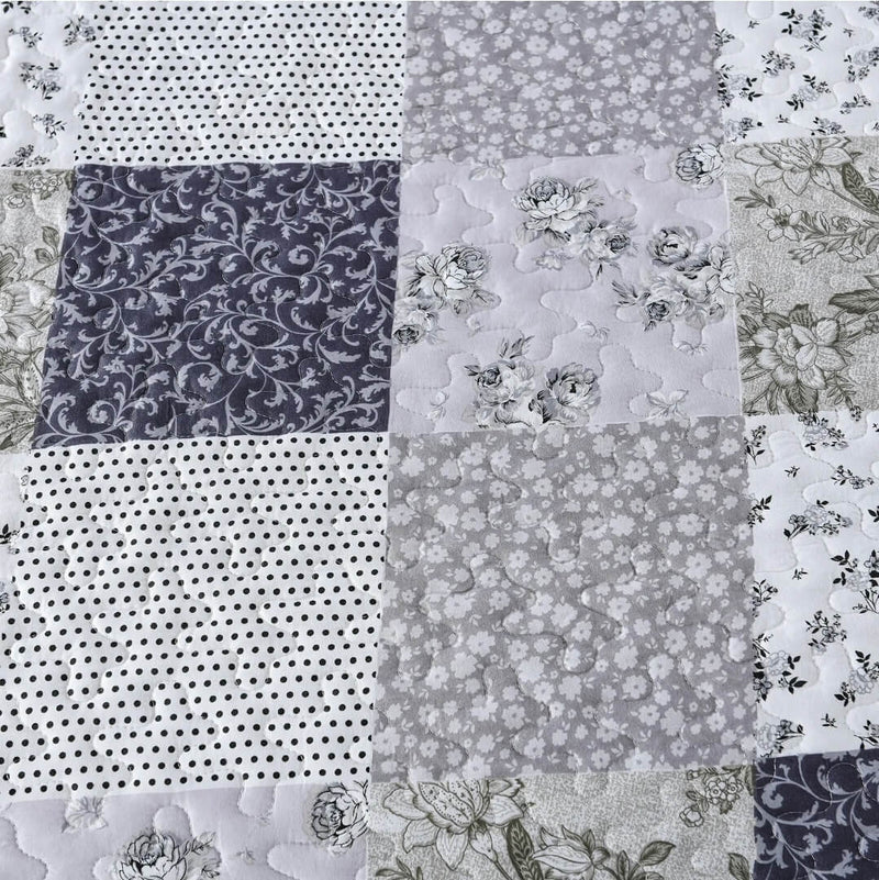 Grey Block Patchwork Coverlet Set-Quilted Bedspread Sets (3Pcs)