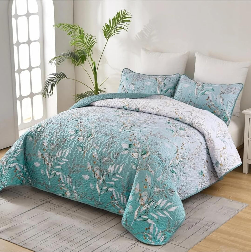 Blue Green Floral Coverlet Set-Quilted Bedspread Sets (3Pcs)
