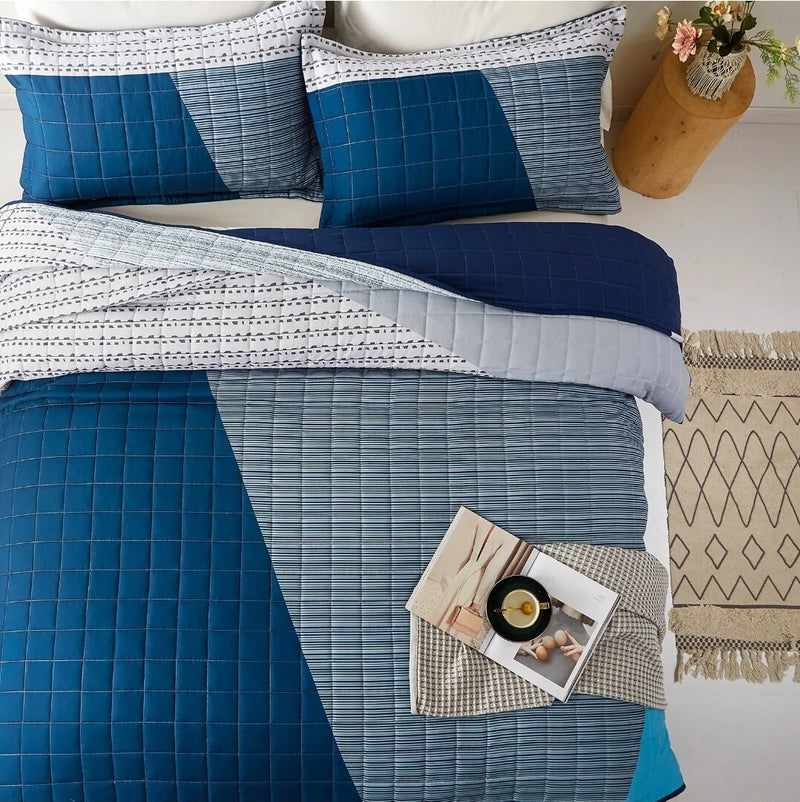 Dark Blue & Grey Quilted Bedspread Coverlet Sets (3Pcs)