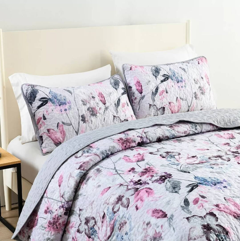 Purple Flower Bianca Coverlet Set-Quilted Bedspread Sets (3Pcs)