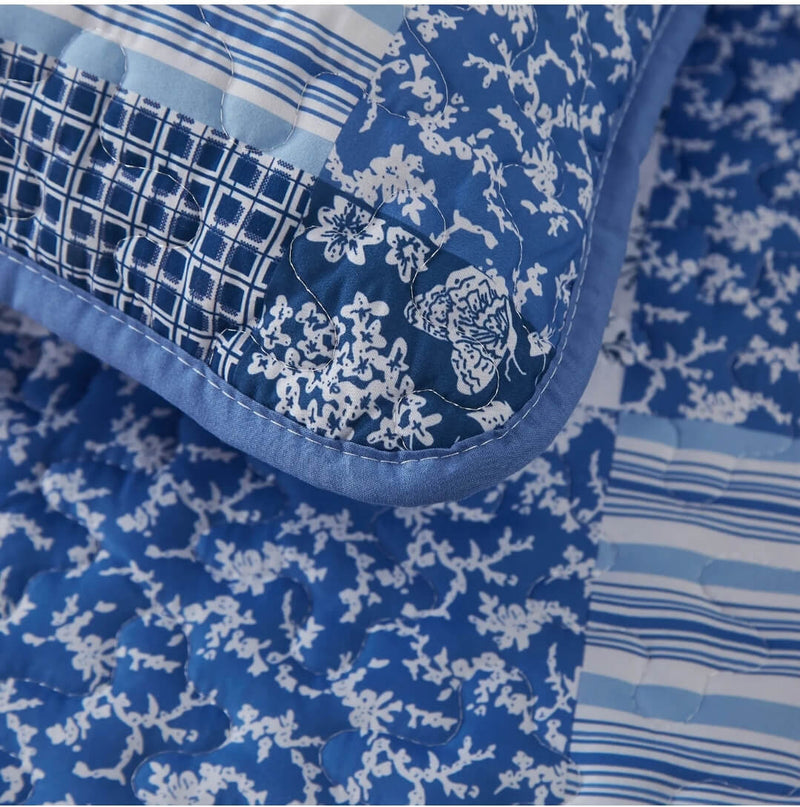 2025 Blue Checked Coverlet Set-Quilted Bedspread Sets (3Pcs)