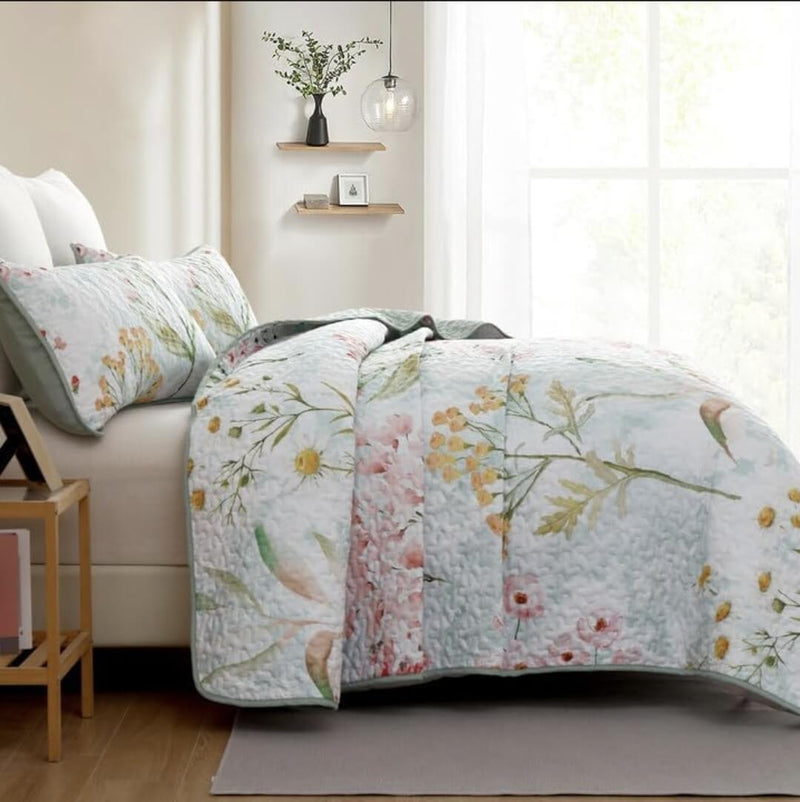 Botanical Green Light Coverlet Set-Quilted Bedspread Sets (3Pcs)