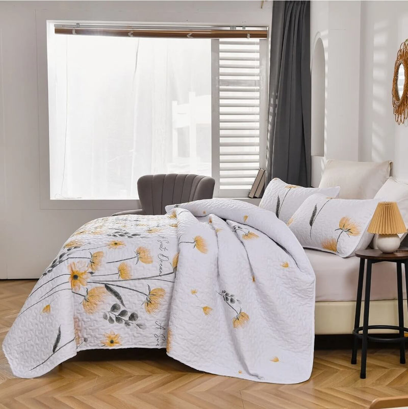 White Base Yellow Floral Coverlet Set-Quilted Bedspread Set (3Pcs)