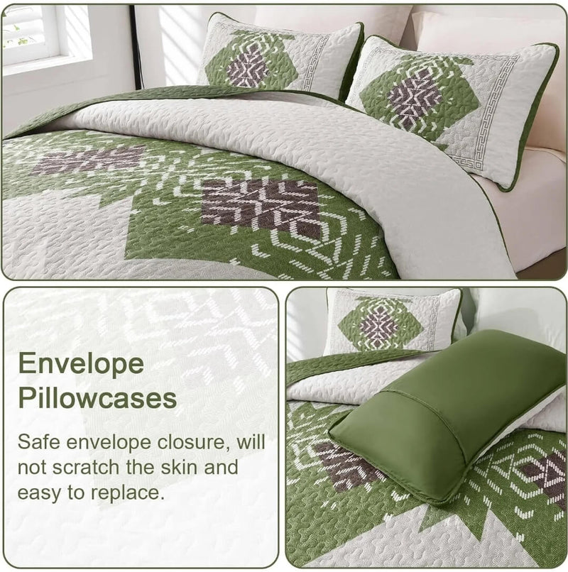 Green Bohemian Coverlet Set-Quilted Bedspread Sets (3Pcs)