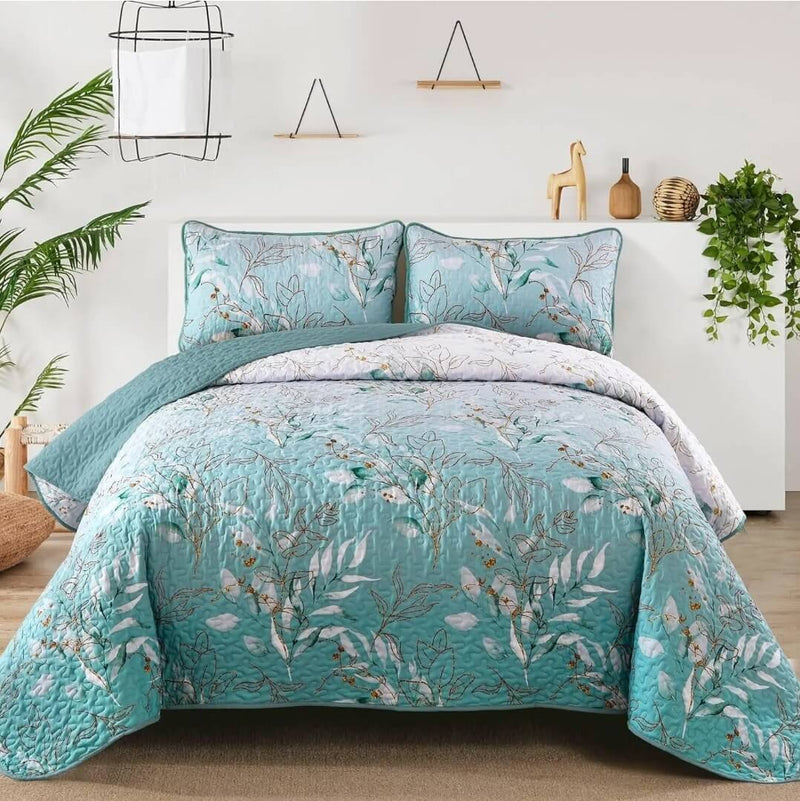 Blue Green Floral Coverlet Set-Quilted Bedspread Sets (3Pcs)