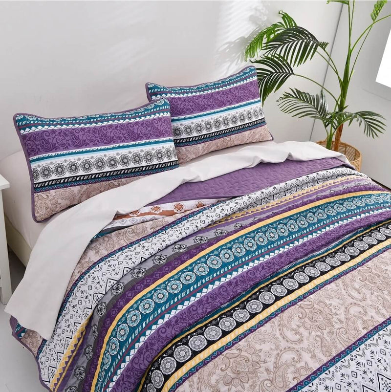 Purple Base Multicolor Striped Coverlet Set-Quilted Bedspread Sets (3Pcs)