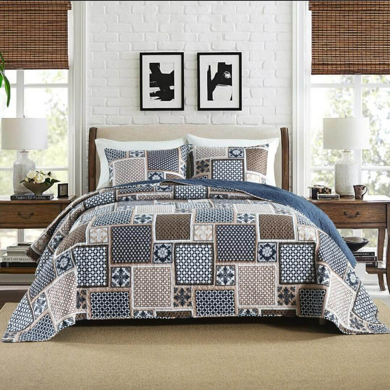 2025 Blue Base Geometric Coverlet Set-Quilted Bedspread Sets (3Pcs)