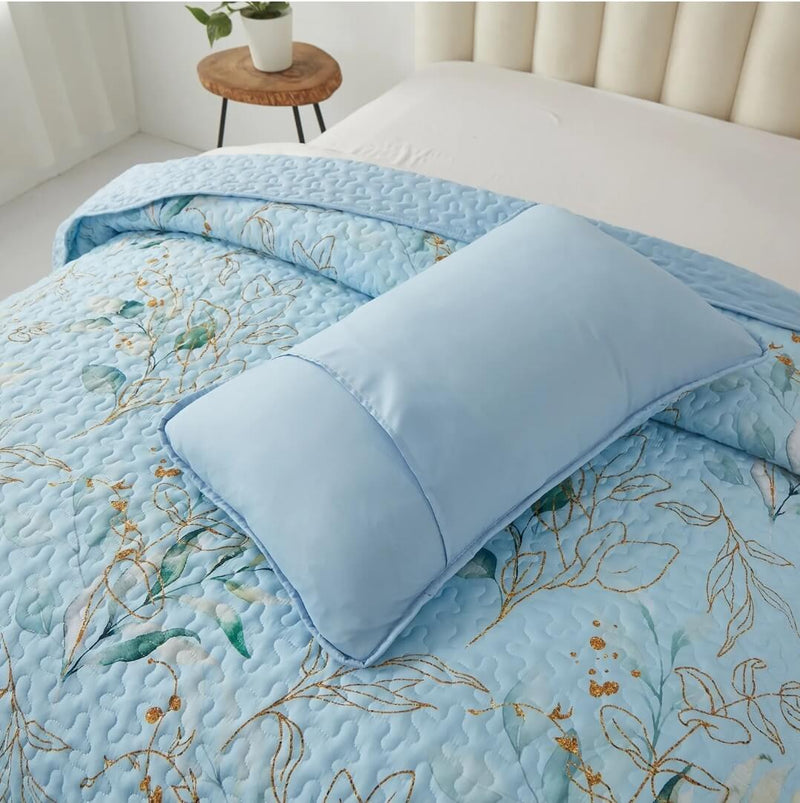 Sky Blue Floral Coverlet Set-Quilted Bedspread Sets (3Pcs)