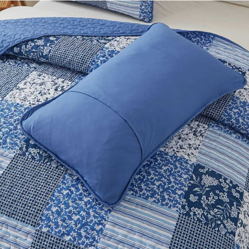 2025 Blue Checked Coverlet Set-Quilted Bedspread Sets (3Pcs)