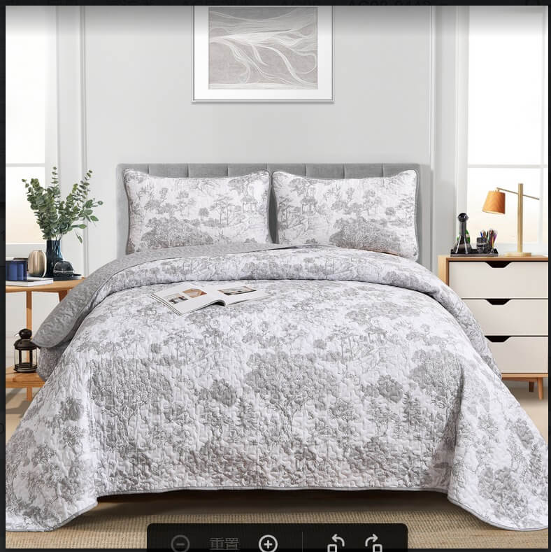 Grey Flower Coverlet Set-Floral Quilted Bedspread Sets (3Pcs)