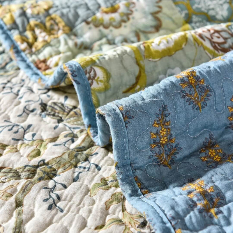 100% Cotton Bedspread Coverlet Set (3Pcs) - Floral Beige Blue