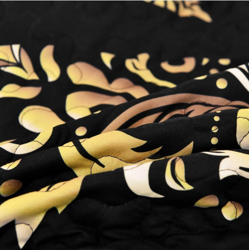 Black Base Gold Floral Comforter Set-Quilt Set (3Pcs)