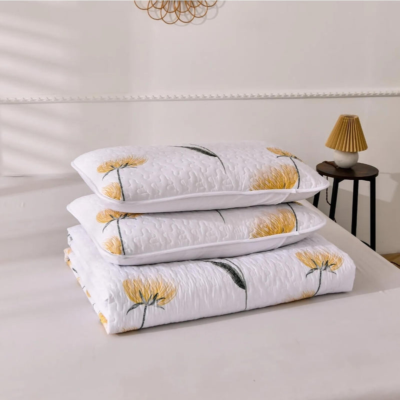 White Base Yellow Floral Coverlet Set-Quilted Bedspread Set (3Pcs)