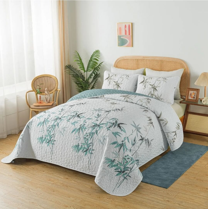 2024 Green Floral Coverlet Set-Quilted Bedspread Sets (3Pcs)