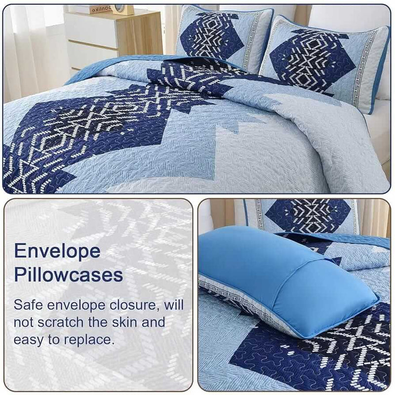 Patchwork quilt set on a bed in a bedroom with a wooden headboard.