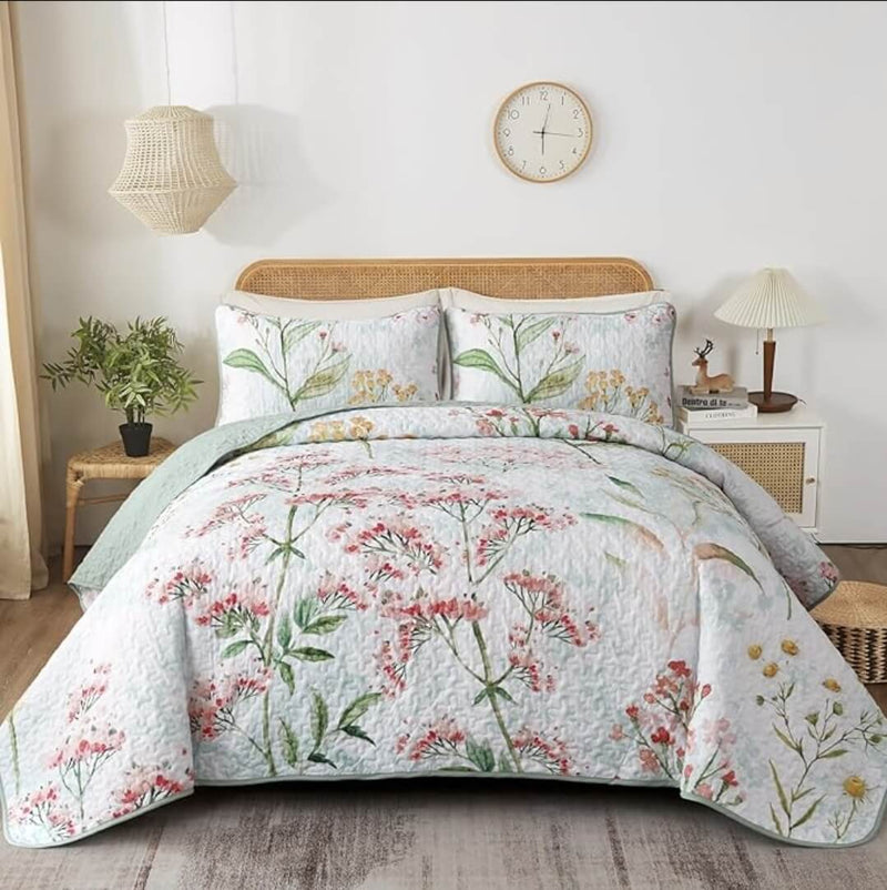 Botanical Green Light Coverlet Set-Quilted Bedspread Sets (3Pcs)