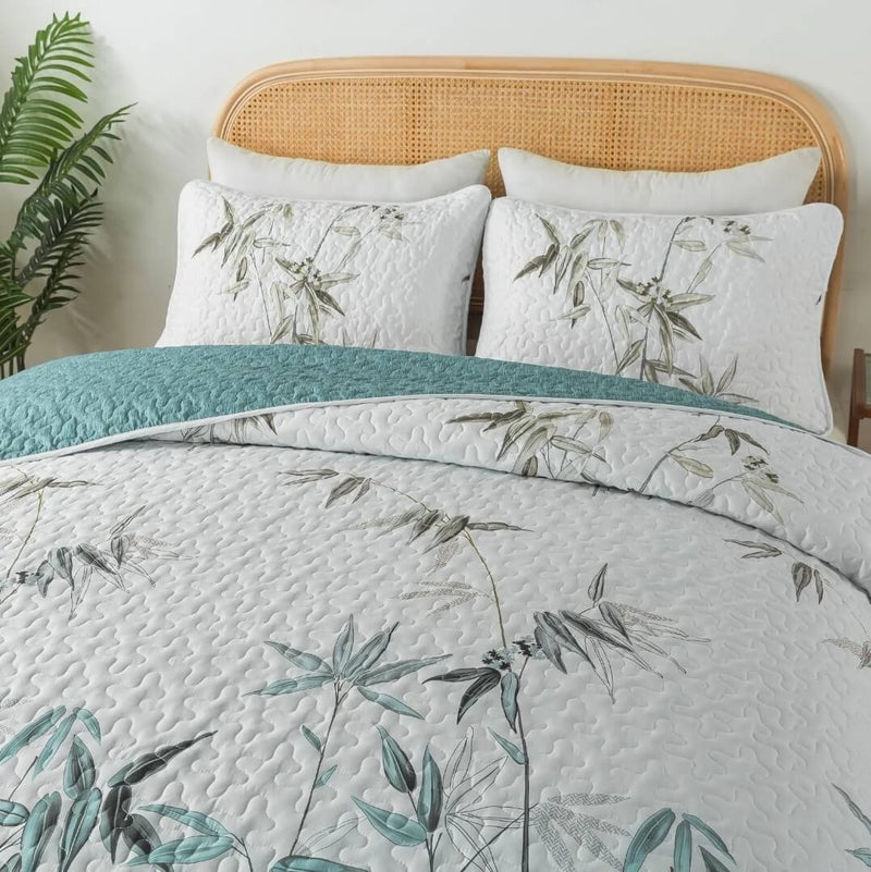 Botanical Green New Coverlet Set-Quilted Bedspread Sets (3Pcs)
