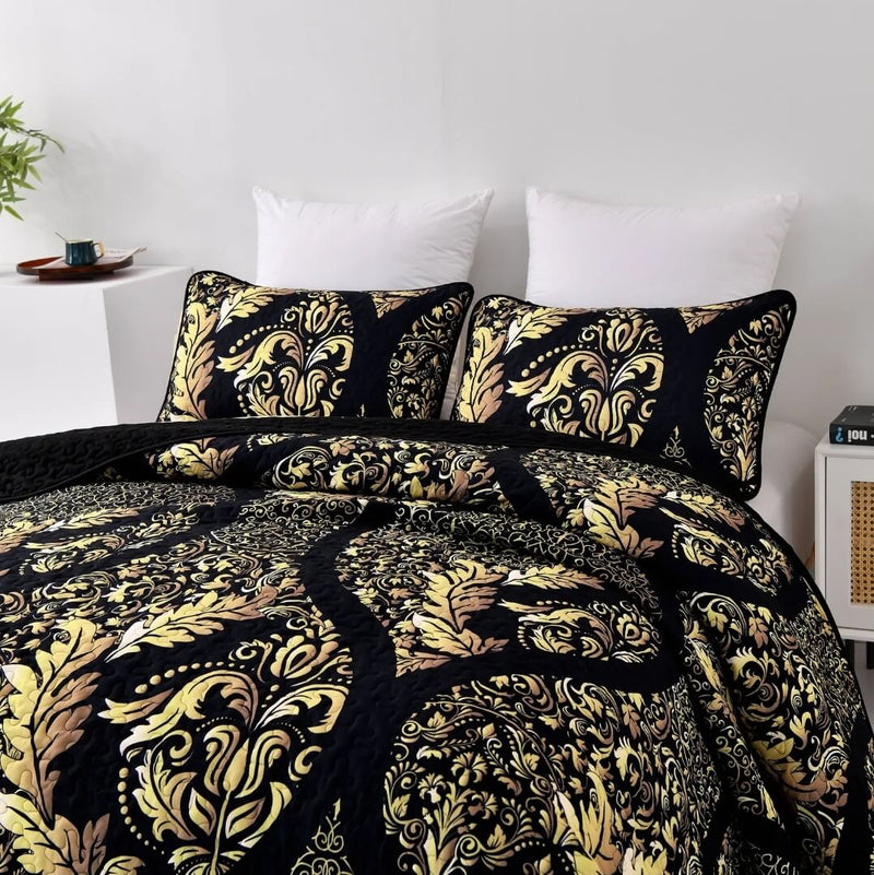 Black Base Golden Coverlet Set-Quilted Bedspread Sets (3Pcs)