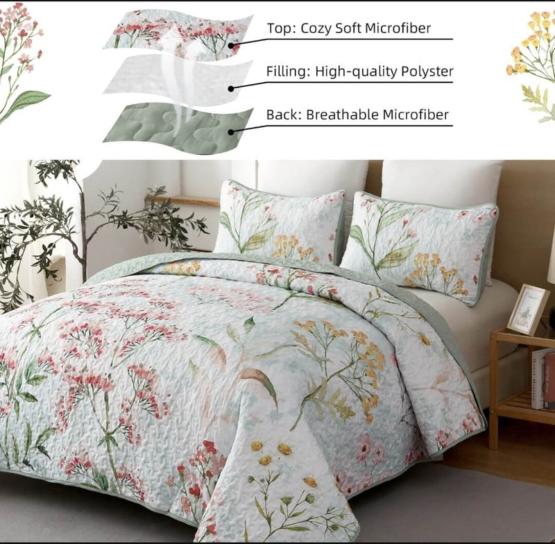 Botanical Green Light Coverlet Set-Quilted Bedspread Sets (3Pcs)