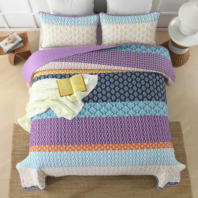 Multicolor Striped Coverlet Set-Quilted Bedspread Sets (3Pcs)