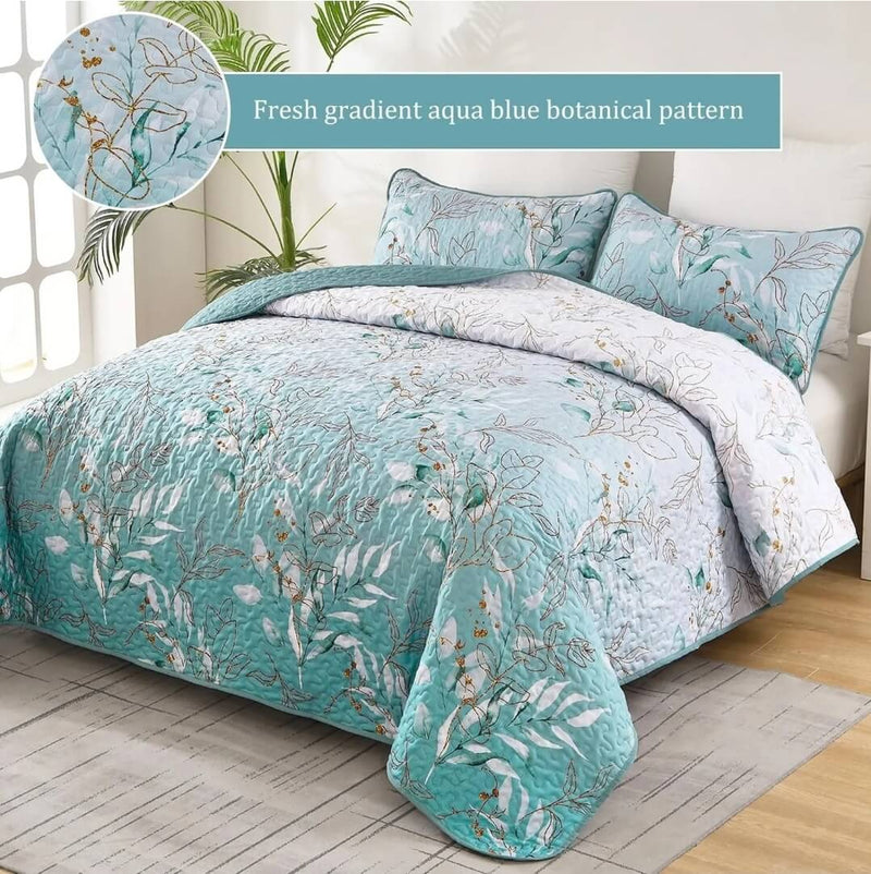 Blue Green Floral Coverlet Set-Quilted Bedspread Sets (3Pcs)