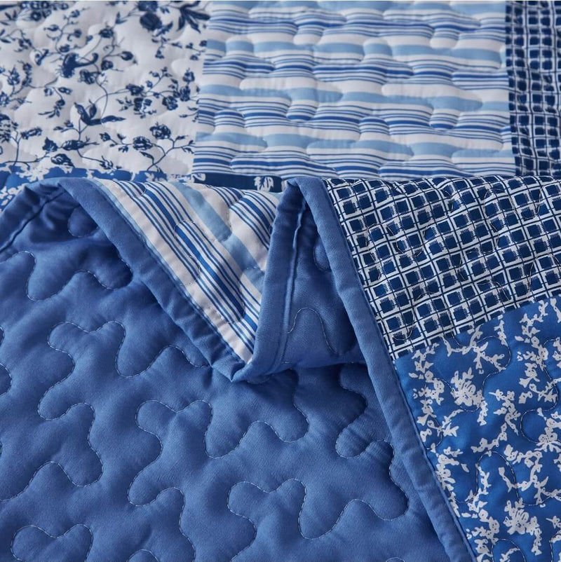 2025 Blue Checked Coverlet Set-Quilted Bedspread Sets (3Pcs)