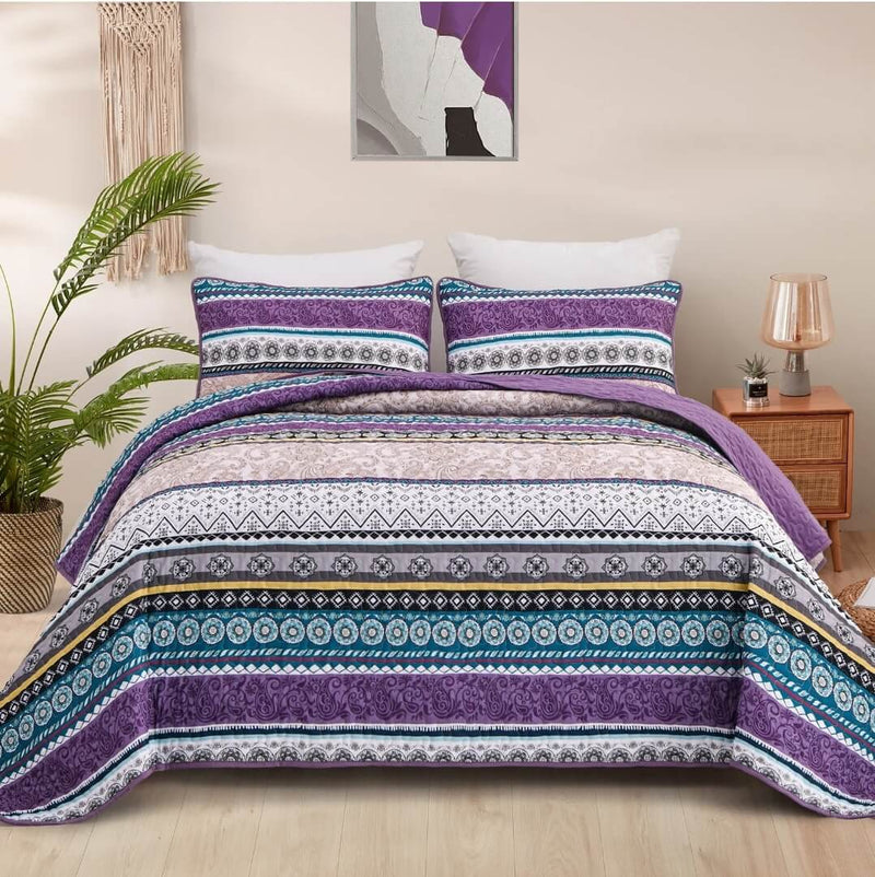 Purple Base Multicolor Striped Coverlet Set-Quilted Bedspread Sets (3Pcs)