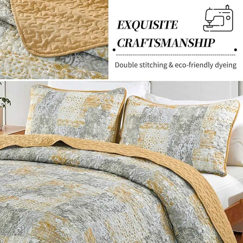 Patchwork quilt set on a bed in a bedroom with a wooden headboard.