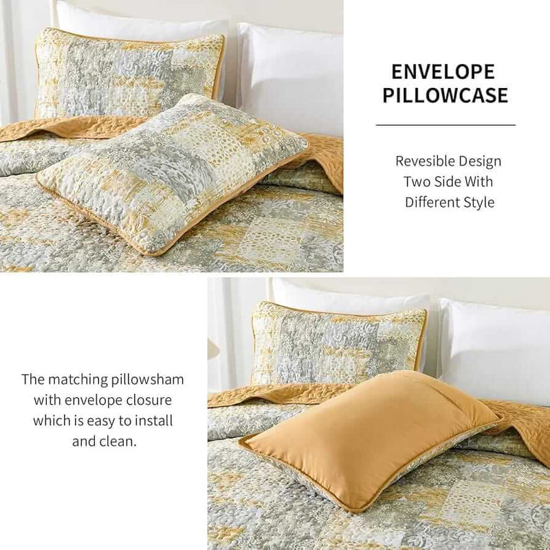 Patchwork quilt set on a bed in a bedroom with a wooden headboard.
